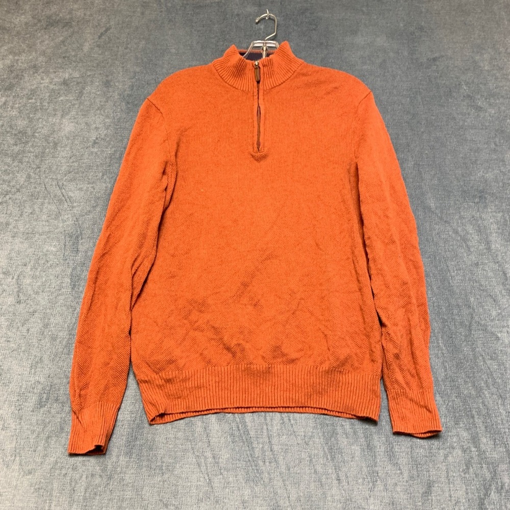 Club Room Sweater Mens Large Orange Cotton Ribbed Hem Quarter Zip Mock Neck